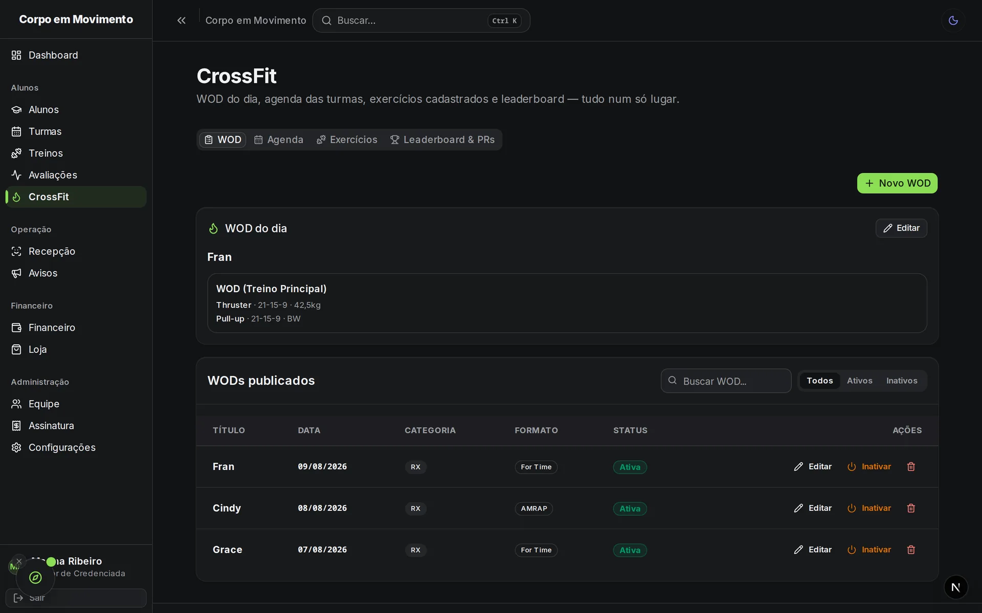 WOD do dia publicado para o box inteiro