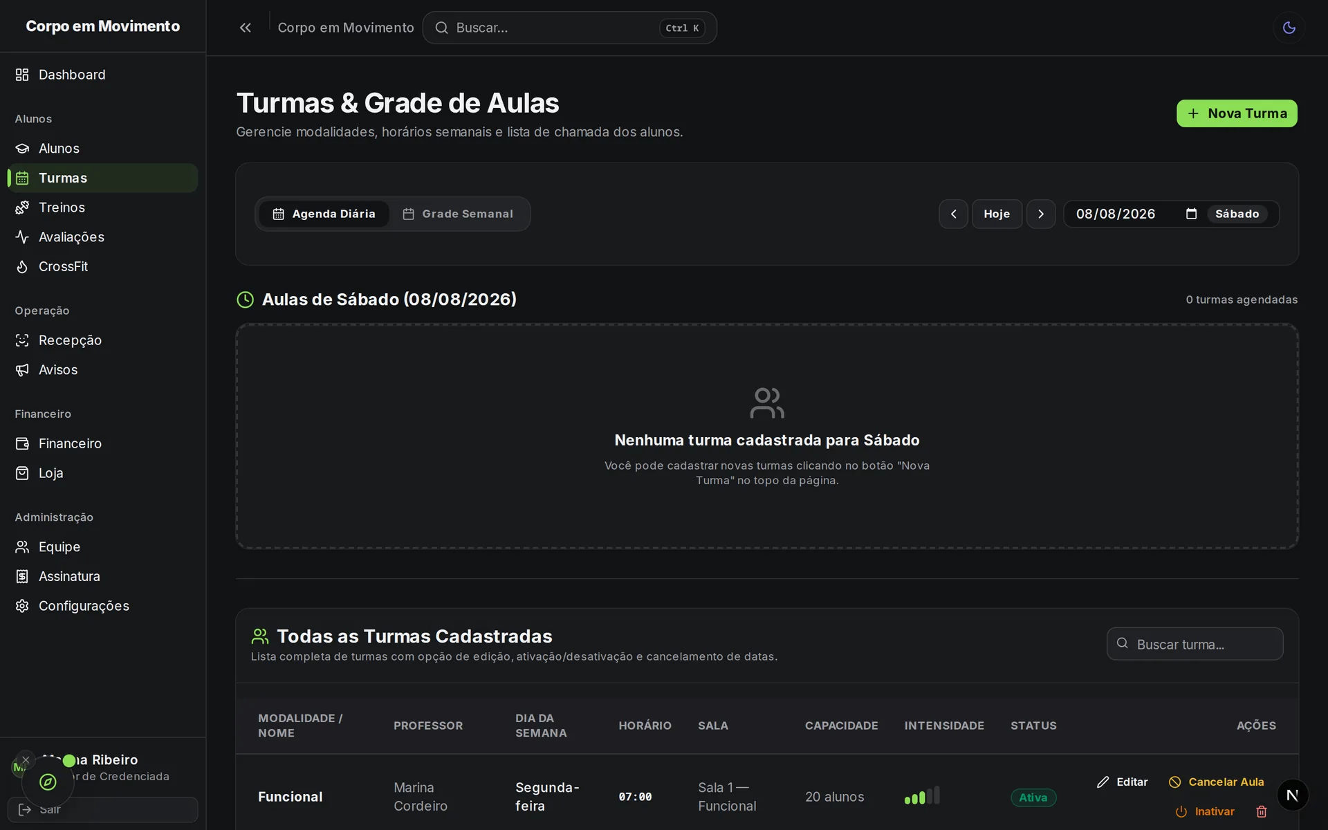 Grade de aulas com vaga controlada